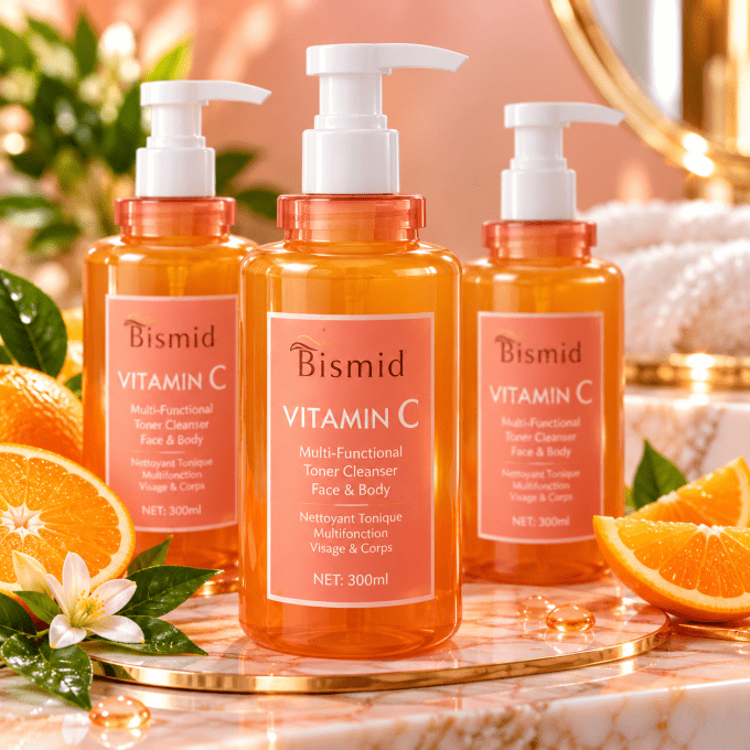 Trois flacons pompe orange Bismid Vitamin C, nettoyant tonique multifonction pour le visage et le co